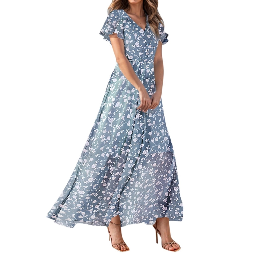 flowy maxi dress for beach wedding Waves in Blue | Off The Shoulder Maxi Dress breezy material Misright Womens Floral Maxi Dress