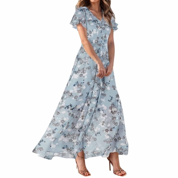 Misright Womens Floral Maxi Dress Casual V Neck Short Sleeve Flowy Beach Wedding Guest Long Dresses