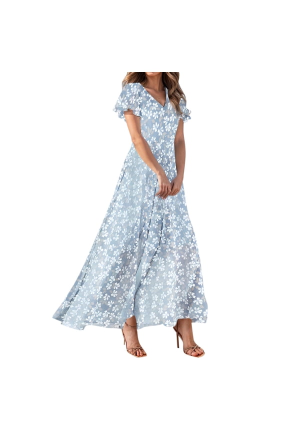 Womens Floral Maxi Dress Casual V Neck Short Sleeve Flowy Beach Wedding Guest Long Dresses