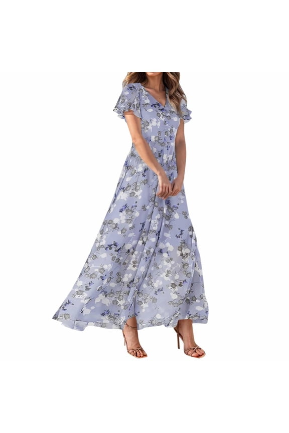 Womens Floral Maxi Dress Casual V Neck Short Sleeve Flowy Beach Wedding Guest Long Dresses