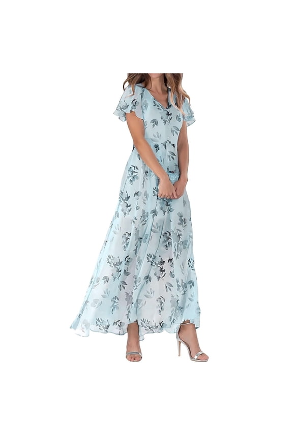 Womens Floral Maxi Dress Casual V Neck Short Sleeve Flowy Beach Wedding Guest Long Dresses