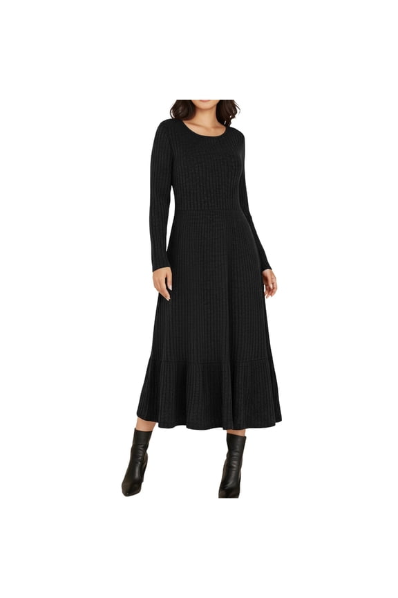Women's Long Sleeve Rib Knit Dress, 2025 Fall Rib Knit Neck Soft Flowy Swing with Pocket Casual Trendy