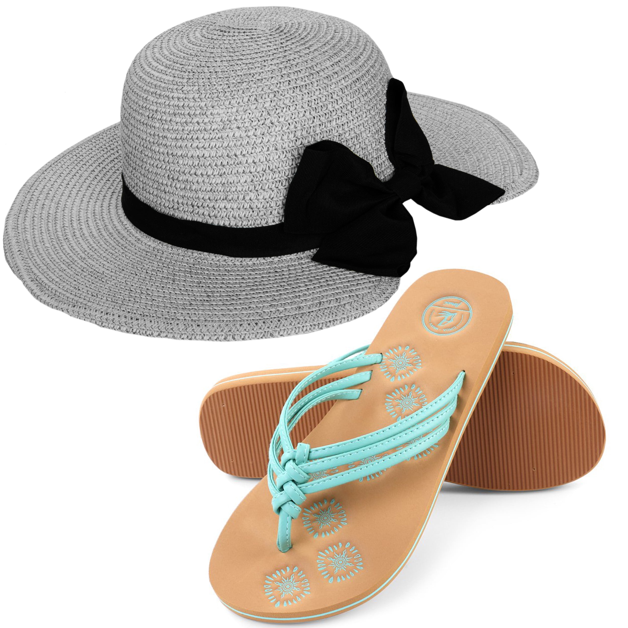 Miss Anderson Women's Floppy Straw Sun Hat and Foam Flip Flop Sandals Set US Women's Shoe Sizes 7-10