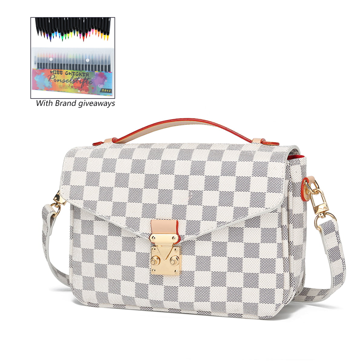 Womens Checkered Tote Shoulder Bag with inner pouch - PU Vegan Leather  Shoulder Satchel Fashion Bags -Cream checkered 