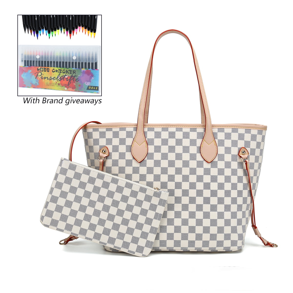 Miss Checker Womens White Checkered Tote Shoulder Bag Purse With Inner  Pouch - PU Vegan Leather Shoulder Satchel Fashion Bags 