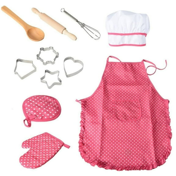 Meponn Kids Apron and Hat Costume Set, Adjustable Chef Uniform, 11-Piece Pretend Play Cooking Set, Red