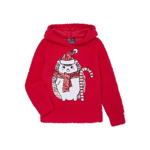 Miss Chievous Girls Sequin Christmas Plush Faux Shearling Hoodie, Sizes 4-16
