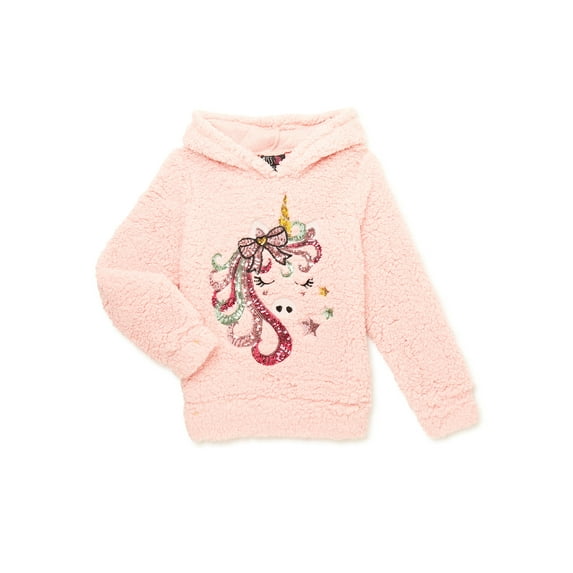 Miss Chievous Girls’ Sequin Critter Plush Faux Sherpa Pullover Hoodie, Sizes 4-16