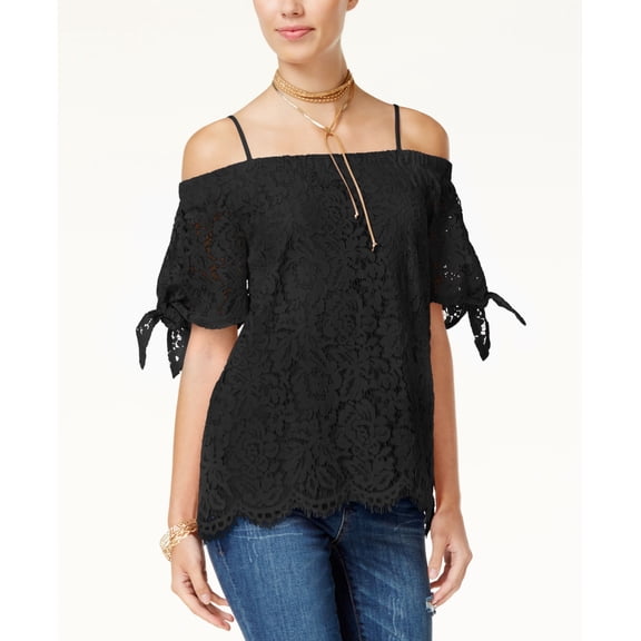 Miss Chievous Juniors' Off-The-Shoulder Lace Top (Black, L)