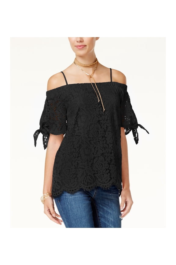 Juniors' Off-The-Shoulder Lace Top (Black, L)
