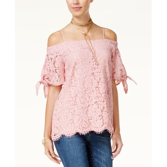 Miss Chievous Juniors' Off-The-Shoulder Lace Top (Bridal Rose, XL)