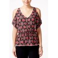 thumbnail image 1 of Miss Chievous Juniors’ Printed Cold-Shoulder Blouse Shirt Tops, Black Peach Glow Medallion, Large, 1 of 1
