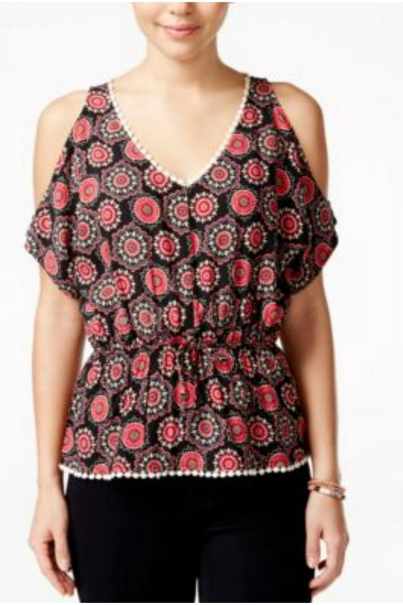 Juniors’ Printed Cold-Shoulder Blouse Shirt Tops, Black Peach Glow Medallion, Large