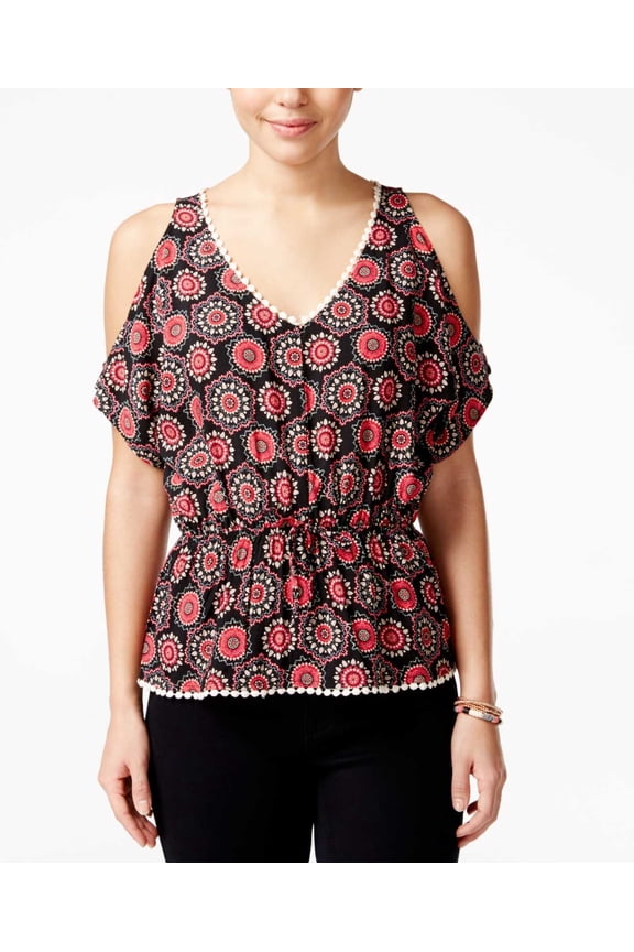 Juniors’ Printed Cold-Shoulder Blouse Shirt Tops, Black Peach Glow Medallion, Medium
