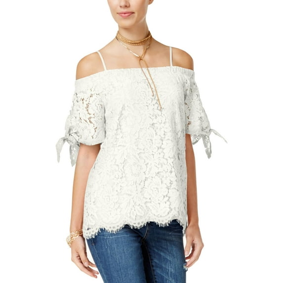 Miss Chievous Womens Juniors Lace Off-The-Shoulder Pullover Top Ivory XL
