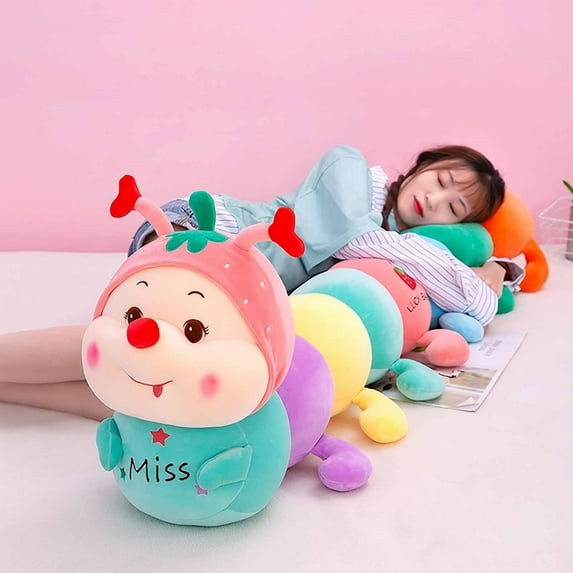 Miss Creative New Cute Strawberry Caterpillar Plush Toy With Raised Head Design - Soft Colorful Body Stuffed Animal With Star & Strawberry Patterns For Kids, Bedroom Decor,