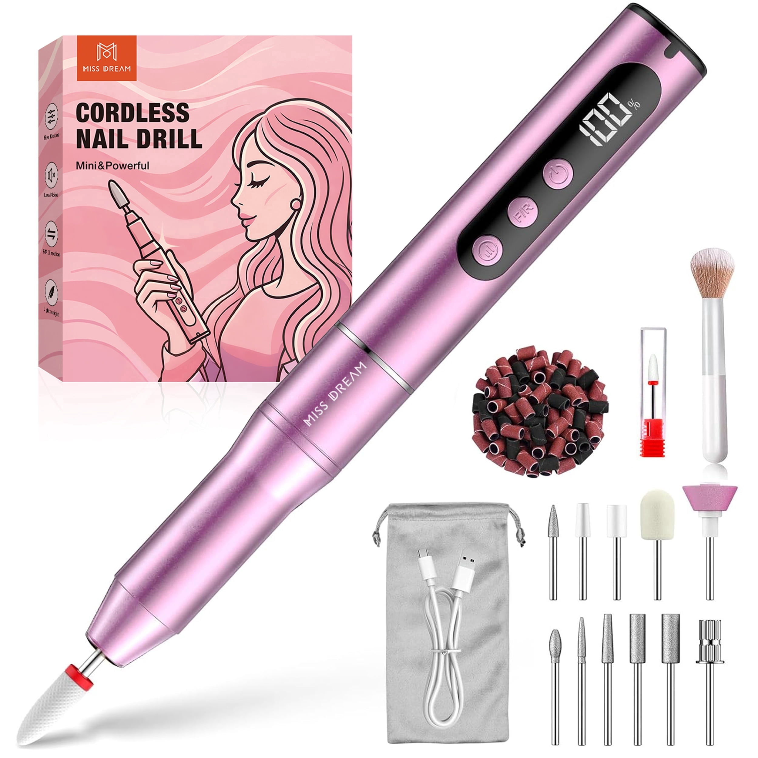 Cordless Electric Nail Drill, 35,000 RPM Rechargeable Nail Drill Machine with 12 Nail Drill Bits, Portable Electric Nail File with LCD Display for Acrylic and Gel Nails, Manicure & Pedicure, Pink