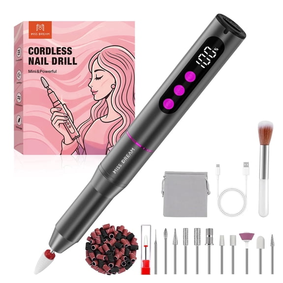 Cordless Electric Nail Drill, 35,000 RPM Rechargeable Nail Drill Machine with 12 Nail Drill Bits, Portable Electric Nail File with LCD Display for Acrylic and Gel Nails, Manicure & Pedicure, Gray