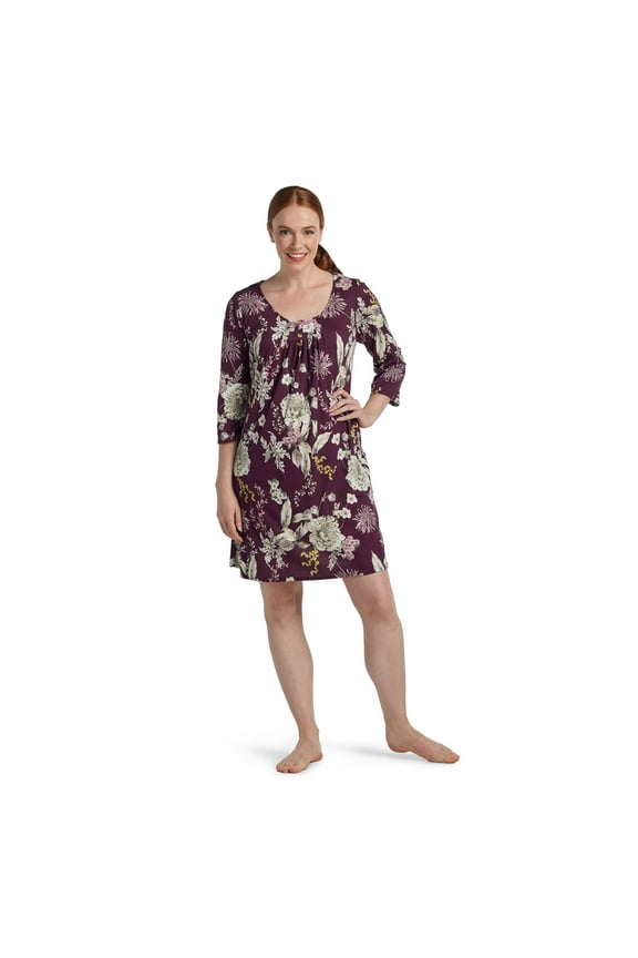 Nightgown - Short Cottonessa Gown, Short Sleeves and Beautiful Pattern, Sleepwear & Loungewear (XL, Taupe Floral On Aubergine)
