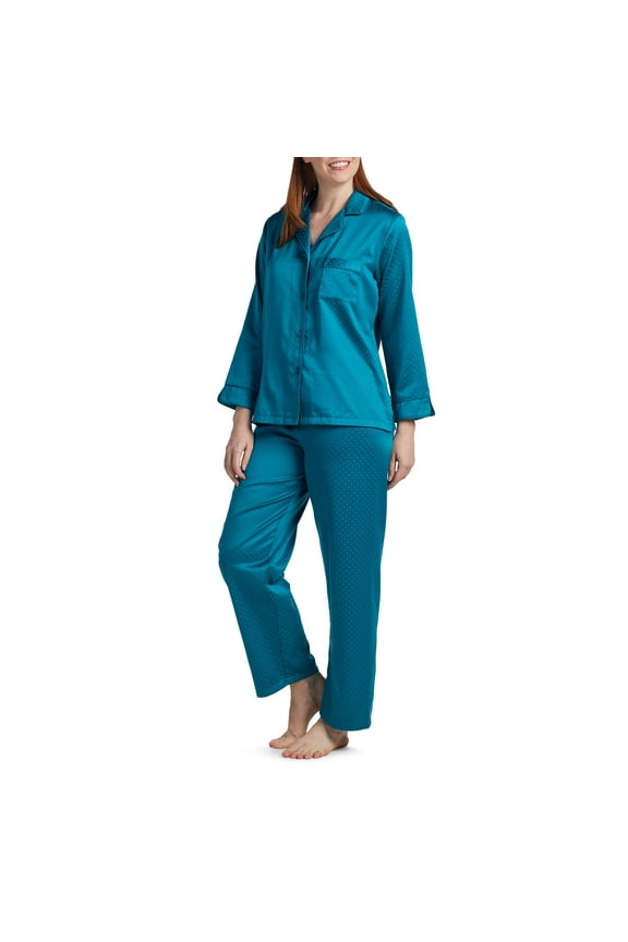 Pajama Set - Women's Satin PJ Set, Elastic Waist and Button Up Top, Sleepwear and Loungewear for Women (Large, Lilac)
