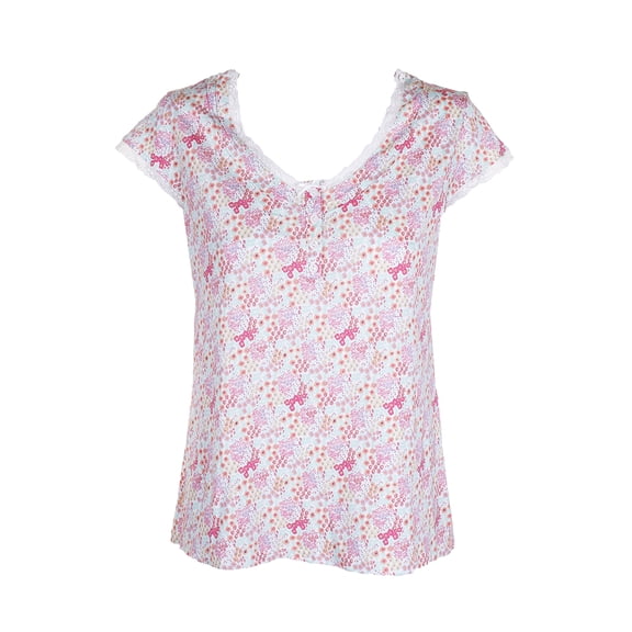 Miss Elaine Pink Multi Cap-Sleeve Floral-Print Knit Pajama Top M