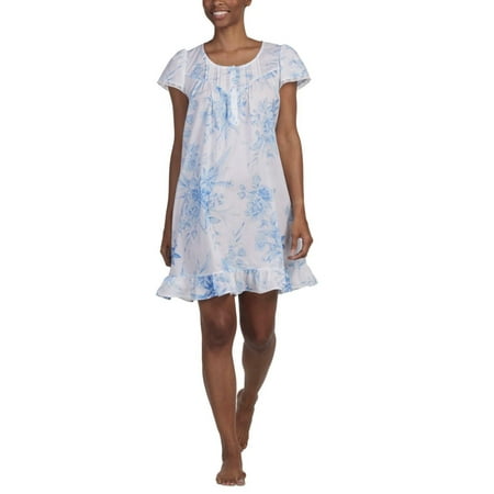 Miss Elaine Women's Cotton Lace-Trim Nightgown - Blue Garden - SUS