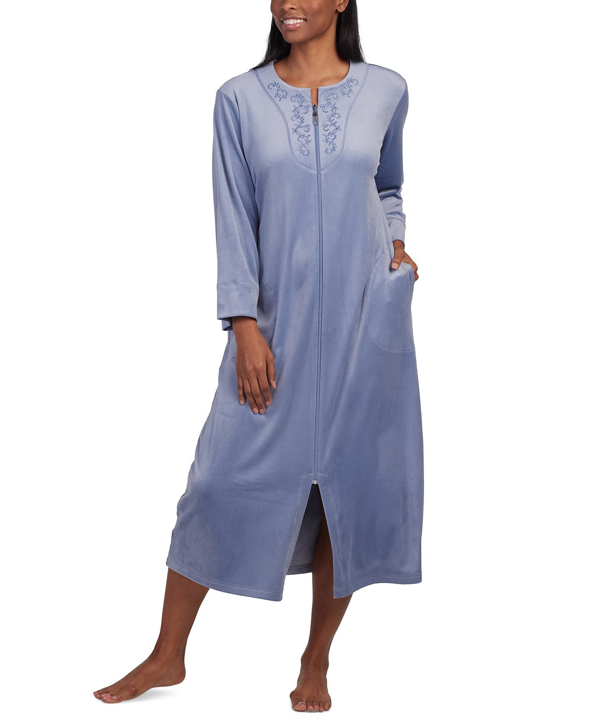 Miss Elaine Women's Embroidered Zip-Front Robe - Blue, Size Large ...