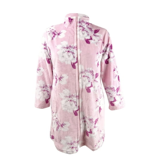 Miss Elaine Women's Fleece Floral-Print Zipper Short Robe
