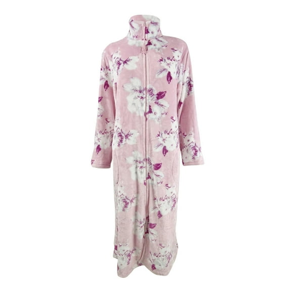 Miss Elaine Women's Floral-Print Fleece Long Zipper Robe
