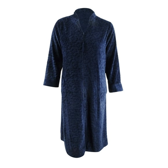 Women's Jacquard Cuddle Fleece Long Zipper Robe (L, Mid Blue)
