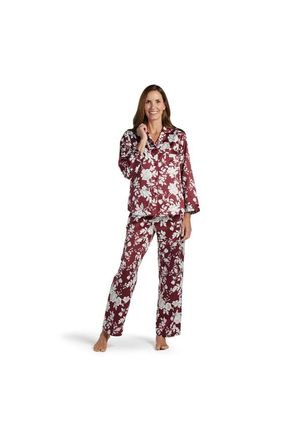Women's Long Satin Print Long Sleeve PJs, Blue/Lilac 473, LG