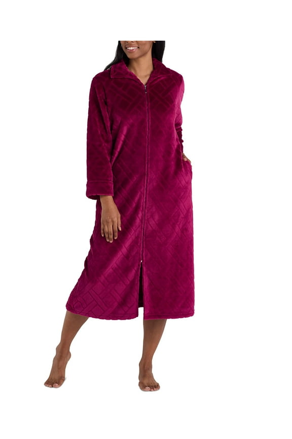 Women's Long Zip-Front Fleece Robe - Wine, Size X-Large