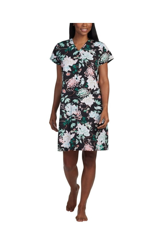 Womens Short-Sleeve Floral Snap Front Nightgown Gown Black Floral M