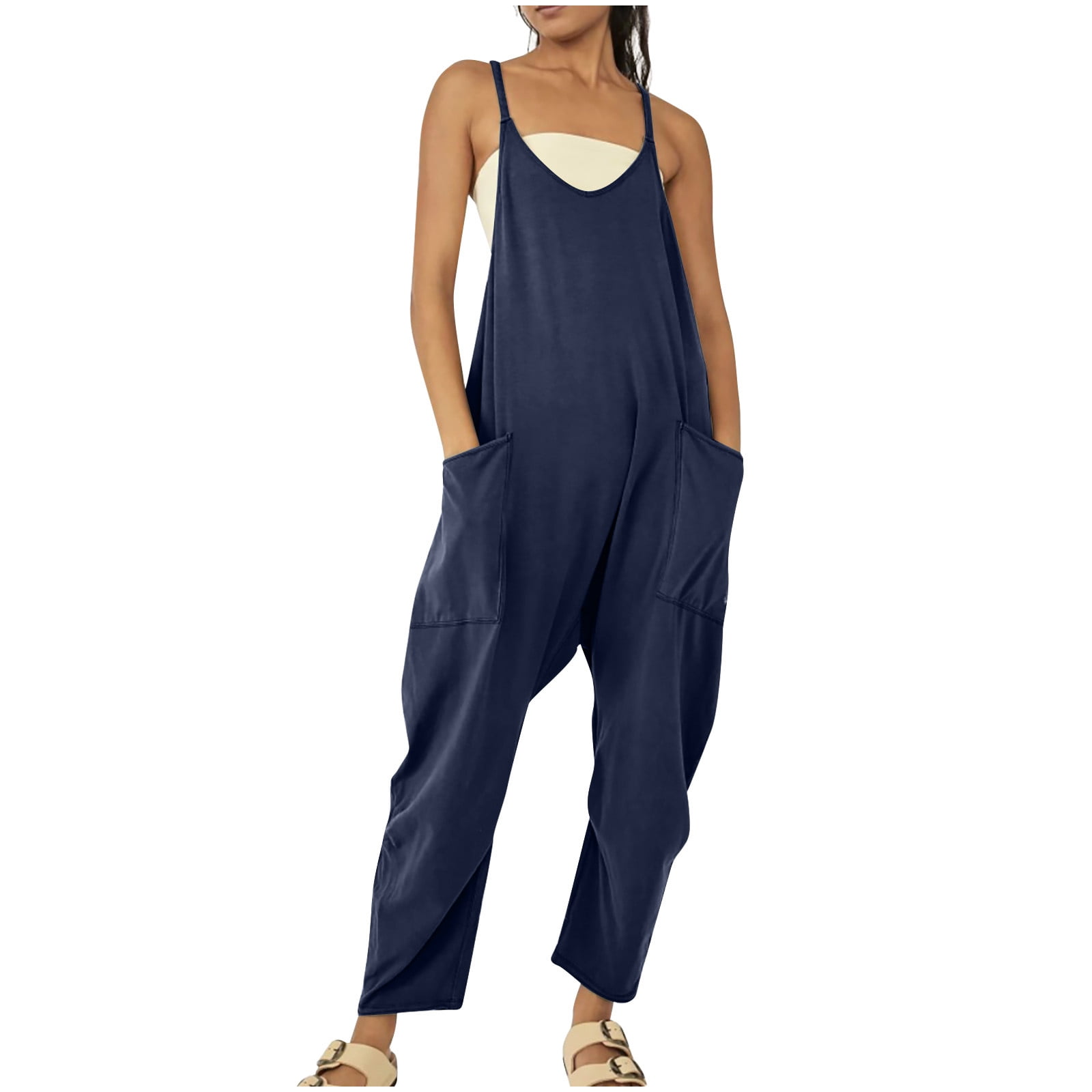 Hippy Clothing for Women Petite Jumpsuits for Women Casual Summer Spaghetti Strap Overalls Flowy V Neck Clothes Wide Leg Romper with Pockets Summer Romper Walmart