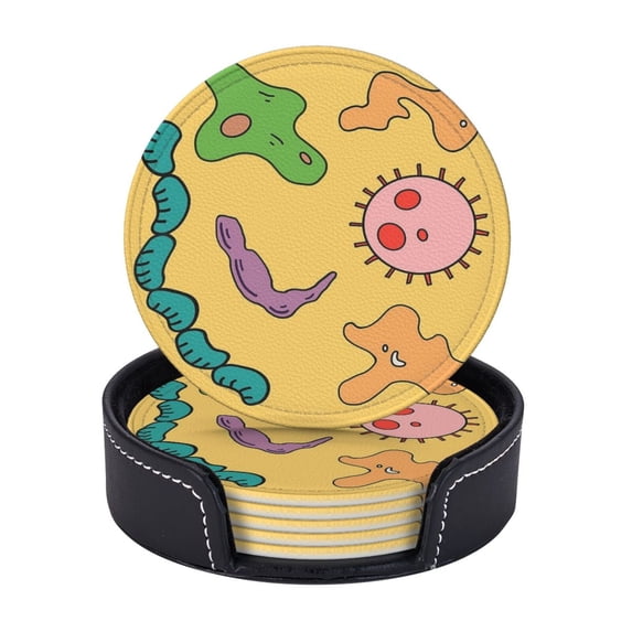 Miss Frizzle In A Pickle Magic School Bus Coasters With Leather Holder Set Of 6 Round Coasters for Home and Kitchen Decor