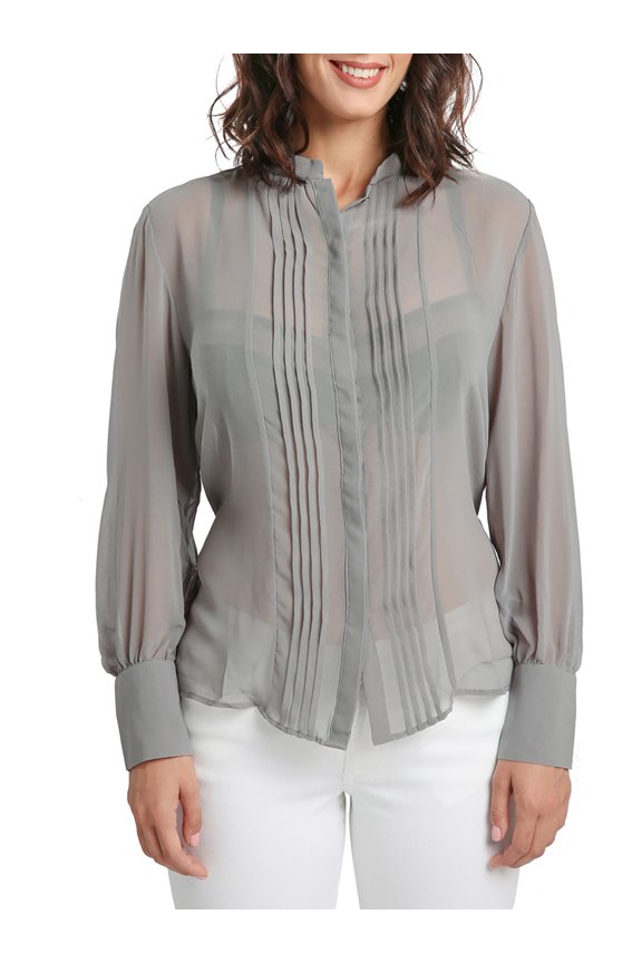 Women Grey Chiffon Woven Button Up Blouses Pintucks Barrel Sleeve