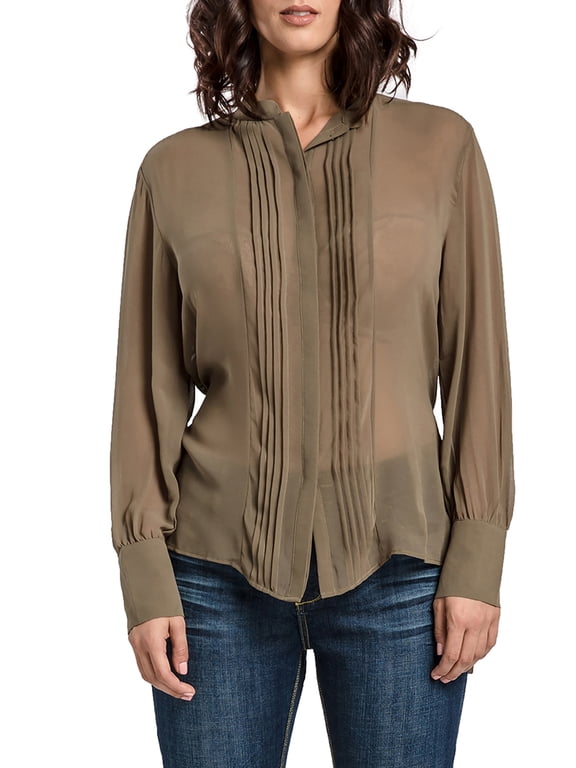 Women Olive Chiffon Woven Button Up Blouses Pintucks Barrel Sleeve