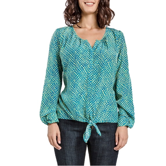 Miss Halladay Women Satin Woven Quail Egg Print Blouse Front Tie Lantern Long Sleeves