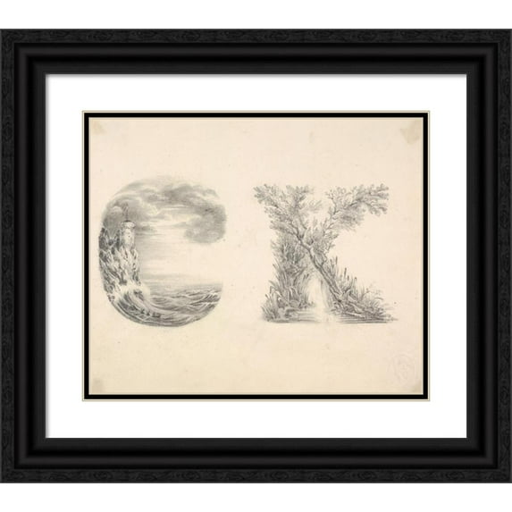 Miss L. E. M. Jones 17x15 Black Ornate Wood Framed Double Matted Museum Art Print Titled - Alphabet Book Design (Letters C and K) (ca. 1830)