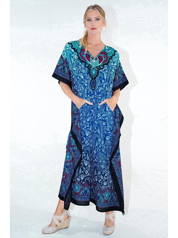London Women’s Paisley Floral Print Polyester Kaftan Dress with V Neck & Pockets (S–3XL)