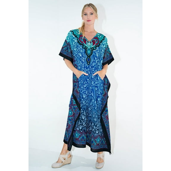 Miss Lavish London Women’s Long Kaftan Dress – Plus Size Maxi Caftan, Full-Length Beach Cover Up, Boho Resort Wear, Modest Summer Dress for Vacation & Lounge-Blue,2XL