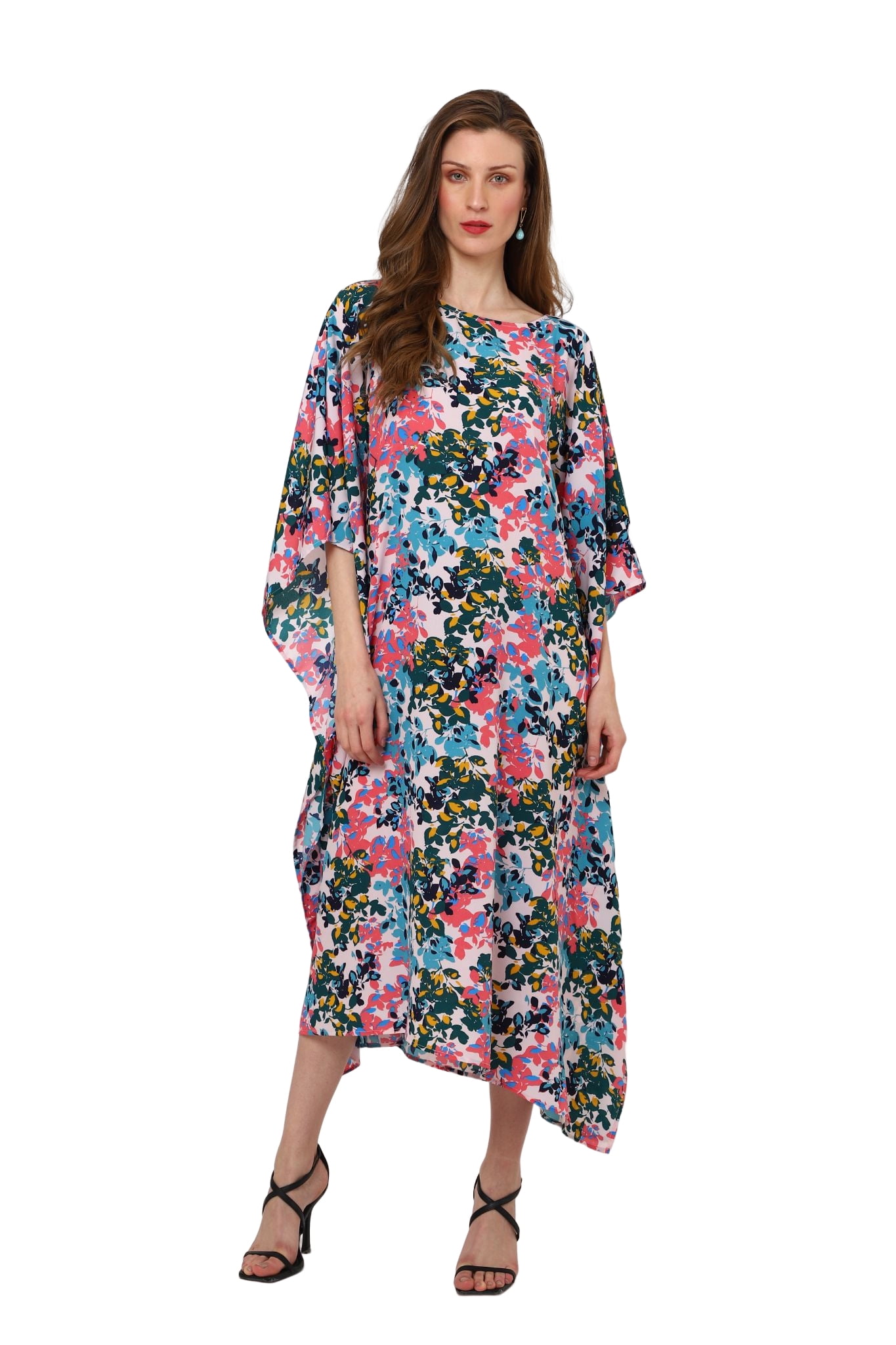 Miss Lavish London Beach Dress Swim Cover Up Boat Neckline and V Shaped  Neck At The Back With Tie-up Detail Kaftan Dresses for Women - 176-Floral  Red, X-Large 