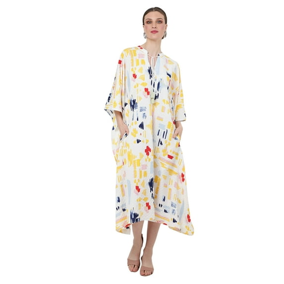 Miss Lavish London Beach Dress Swim Cover Up Collar and Tie-up With Tassels Kaftan Dresses for Women - 173-Abstract White, Small