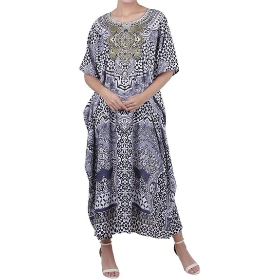 Miss Lavish London Caftans for Women Summer Ladies Long Kimono Maxi Style Kaftans Dress for Regular to Plus Size Maxi Dress, Black, One Size