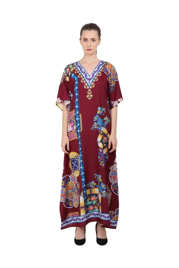 London Caftans for Women Summer Ladies Long Kimono Maxi Style Kaftans Dress for Regular to Plus Size Maxi Dress, Maroon, 14-18