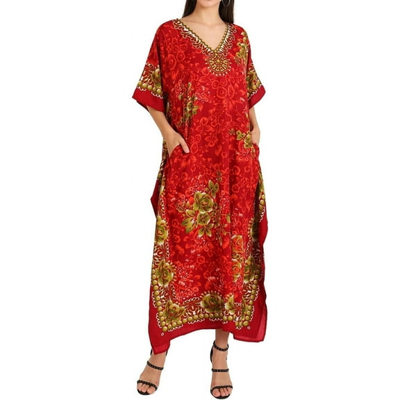 Miss Lavish London Kaftan Dresses for Women,Beach Kaftan Coverups,Hawaiian Coverups for Women,Long Beach & Swimsuit Coverups,Plus Size African Caftan Dress,Moroccan Style Loungewear Red 2XL