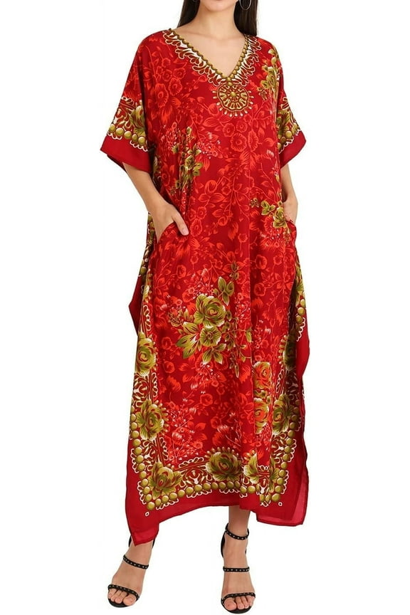 London Kaftan Dresses for Women,Beach Kaftan Coverups,Hawaiian Coverups for Women,Long Beach & Swimsuit Coverups,Plus Size African Caftan Dress,Moroccan Style Loungewear Red 2XL