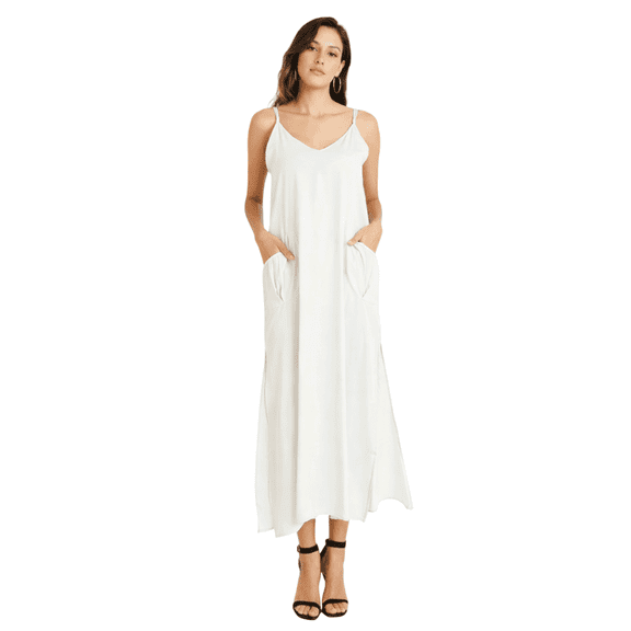 Miss Lavish London Women’s Polyester Cami Strap Maxi Kaftan Dress with V Neck, Pockets & Side Slits- Smoke Grey, M