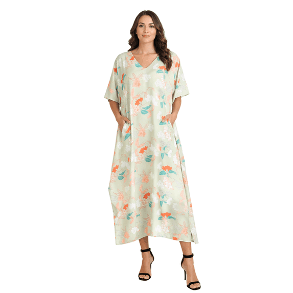 Miss Lavish London Kaftan Dresses for Women,Beach Kaftan Coverups,,Long Beach & Swimsuit Coverups,Plus Size African Caftan Dress,Moroccan Style Loungewear Healing Floral Olive Green S