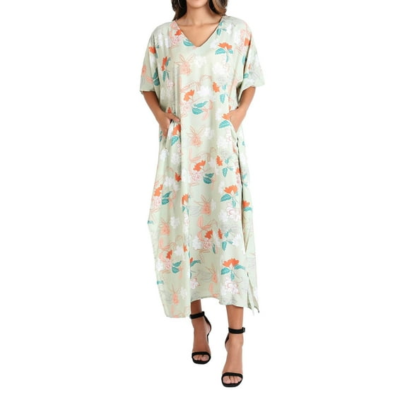 Miss Lavish London Kaftan Dresses for Women,Beach Kaftan Coverups,,Long Beach & Swimsuit Coverups,Plus Size African Caftan Dress,Moroccan Style Loungewear Healing Floral Olive Green S